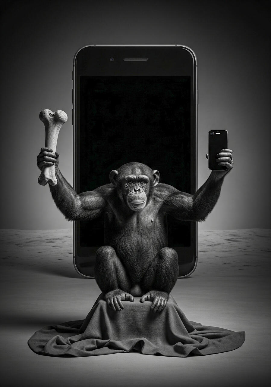 Giano postmoderno Scimmia con osso e cellulare